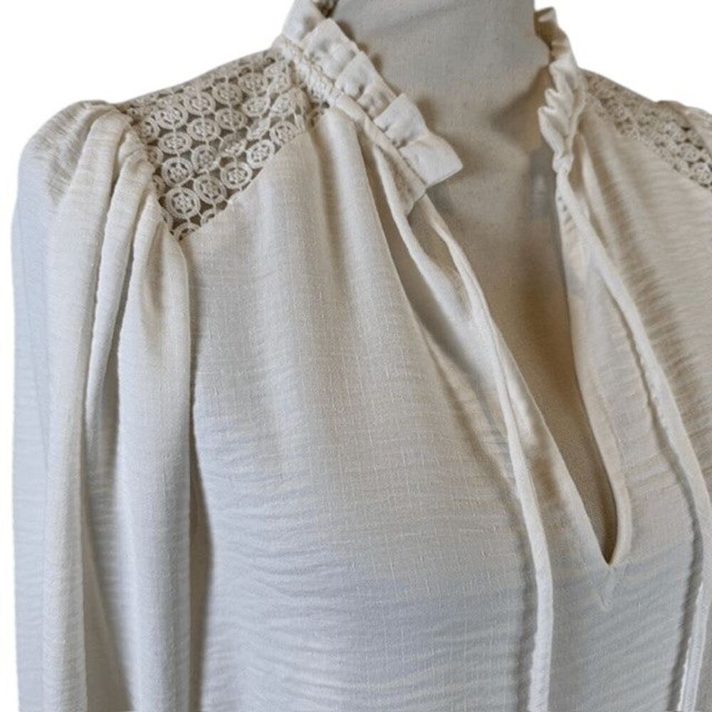 Brochu Walker Tereza Blouson Sleeve Lace Shoulder Inset Crepe Blouse Tie Neck XS - Picture 3 of 10